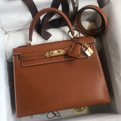 Hermes Kelly Sellier 28 Handmade Bag In Gold Barenia Calfskin HSBS61637