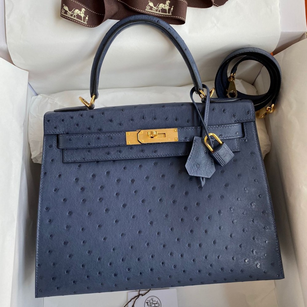 Hermes Kelly Sellier 28 Handmade Bag in Blue de Malte Ostrich Leather