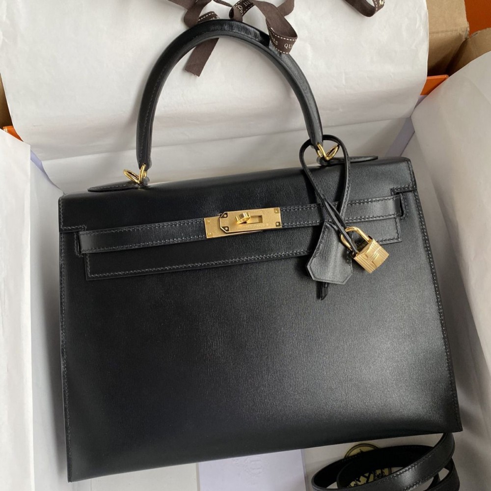 Hermes Kelly Sellier 32 Handmade Bag In Black Box Calfskin