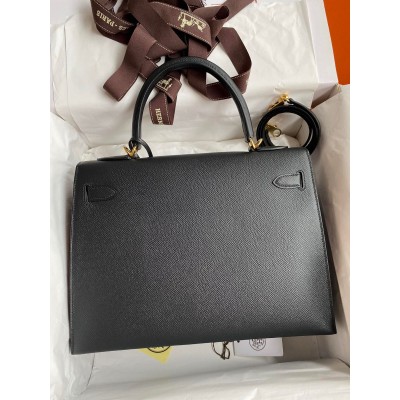 Hermes Kelly Sellier 32 Handmade Bag In Black Epsom Calfskin