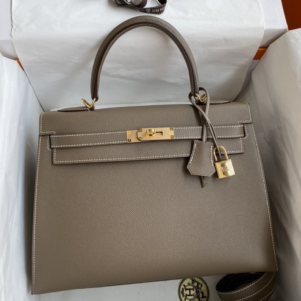 Hermes Kelly Sellier 32 Handmade Bag In Taupe Epsom Calfskin