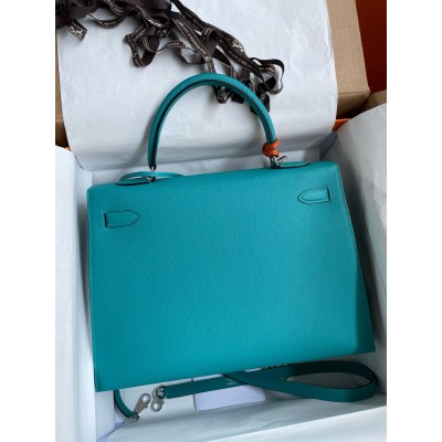 Hermes Kelly Sellier 32 Handmade Bag in Blue Paon Epsom Calfskin