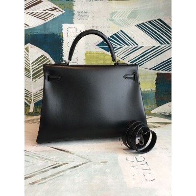 Hermes Kelly Sellier 35 Handmade Bag In Black Box Calfskin