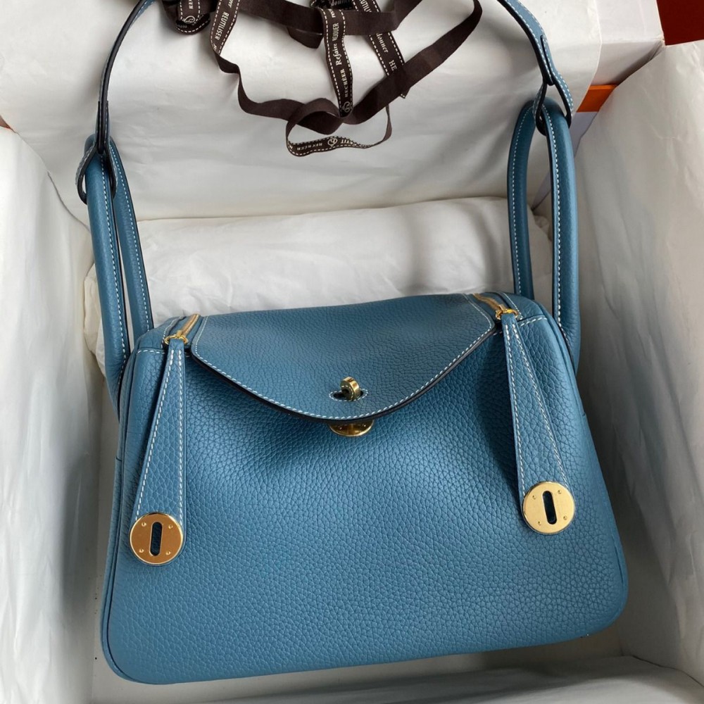 Hermes Lindy 26 Handmade Bag In Blue Jean Clemence Leather