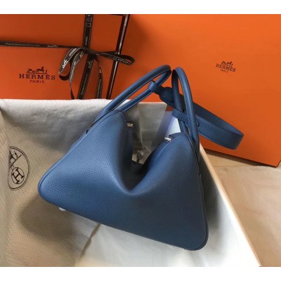 Hermes Lindy 26cm Bag In Blue Agate Clemence Leather PHW