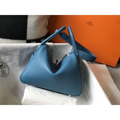 Hermes Lindy 26cm Bag In Blue Jean Clemence Leather PHW