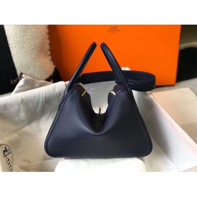 Hermes Lindy 26cm Bag In Navy Blue Clemence Leather GHW