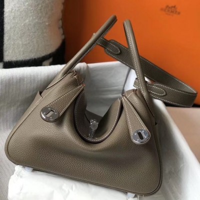 Hermes Lindy 26cm Bag In Taupe Grey Clemence Leather HSBS61696