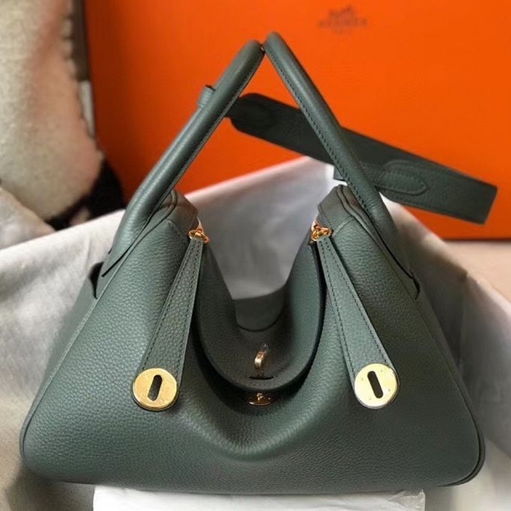 Hermes Lindy 26cm Bag In Vert Amande Clemence Leather GHW