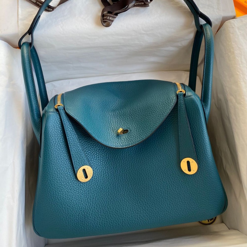 Hermes Lindy 30 Handmade Bag In Vert Bosphore Clemence Leather