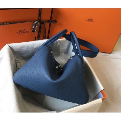 Hermes Lindy 30cm Bag In Blue Agate Clemence Leather PHW