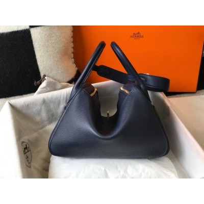 Hermes Lindy 30cm Bag In Navy Blue Clemence Leather GHW