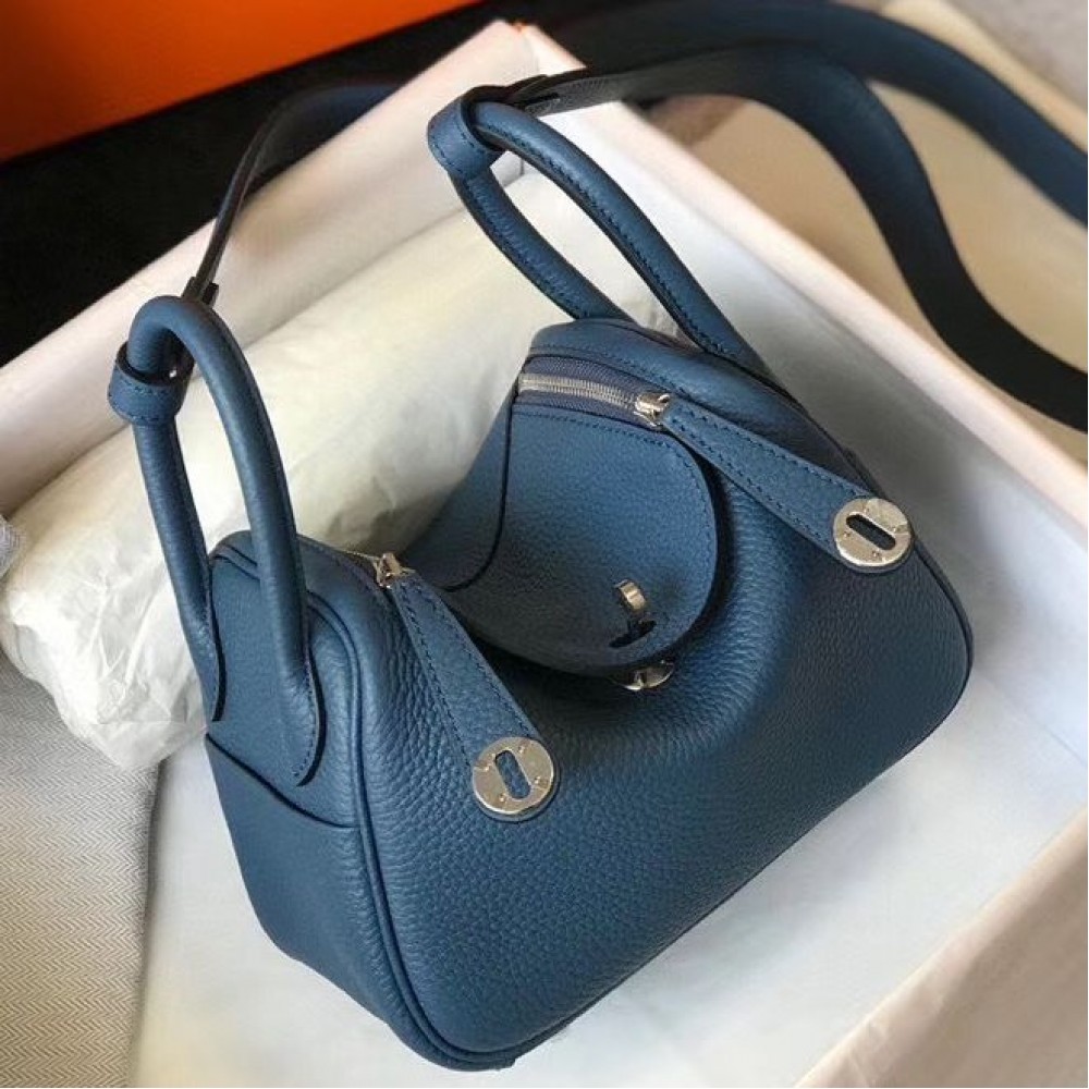 Hermes Lindy Mini Bag In Blue Agate Clemence Leather PHW