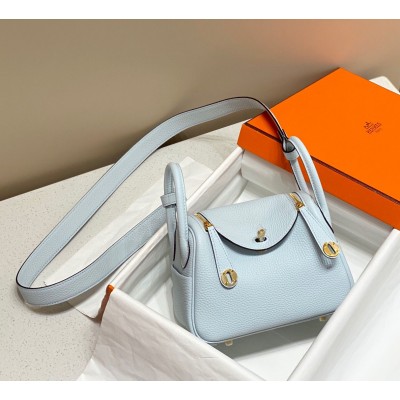 Hermes Lindy Mini Bag In Blue Brume Clemence Leather GHW