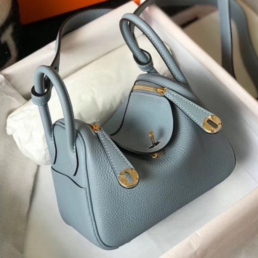 Hermes Lindy Mini Bag In Blue Lin Clemence Leather GHW