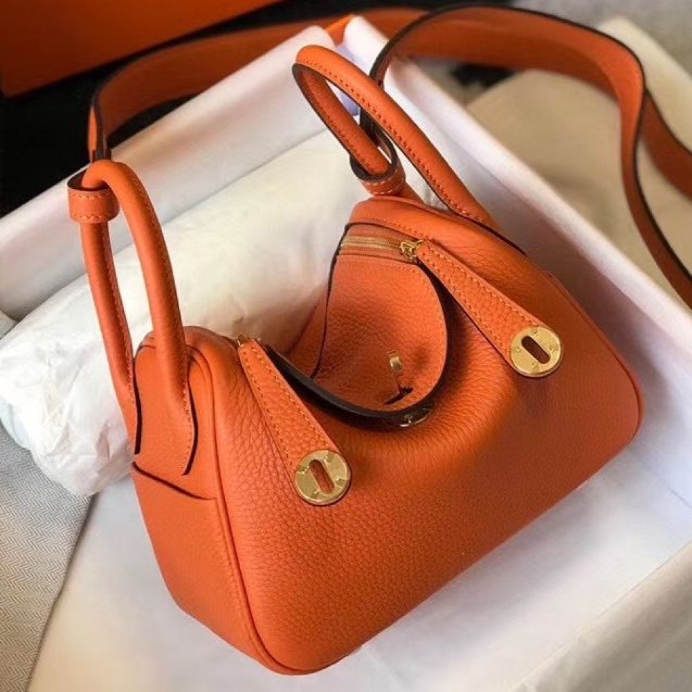 Hermes Lindy Mini Bag In Orange Clemence Leather GHW