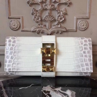 Hermes Medor Clutch Bag In White Crocodile Leather HSBS61814