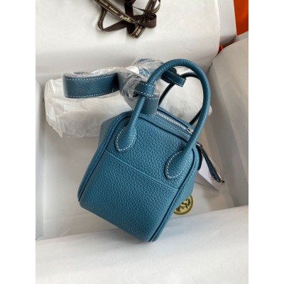 Hermes Mini Lindy Handmade Bag In Blue Jean Clemence Leather