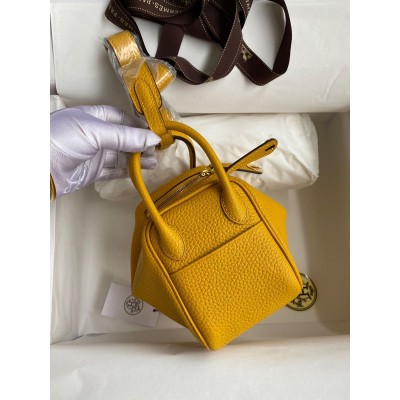 Hermes Mini Lindy Handmade Bag In Jaune Ambre Clemence Leather