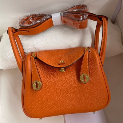 Hermes Mini Lindy Handmade Bag In Orange Clemence Leather HSBS61864