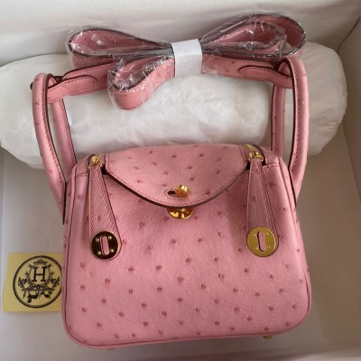 Hermes Mini Lindy Handmade Bag In Rose Sakura Ostrich Leather HSBS61897