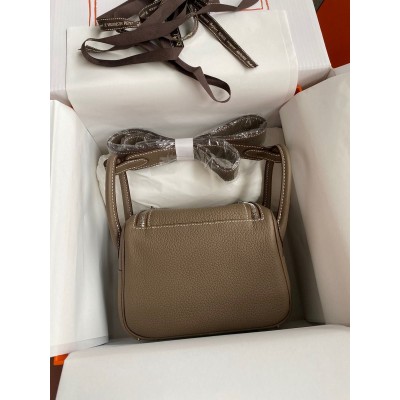 Hermes Mini Lindy Handmade Bag In Taupe Clemence Leather