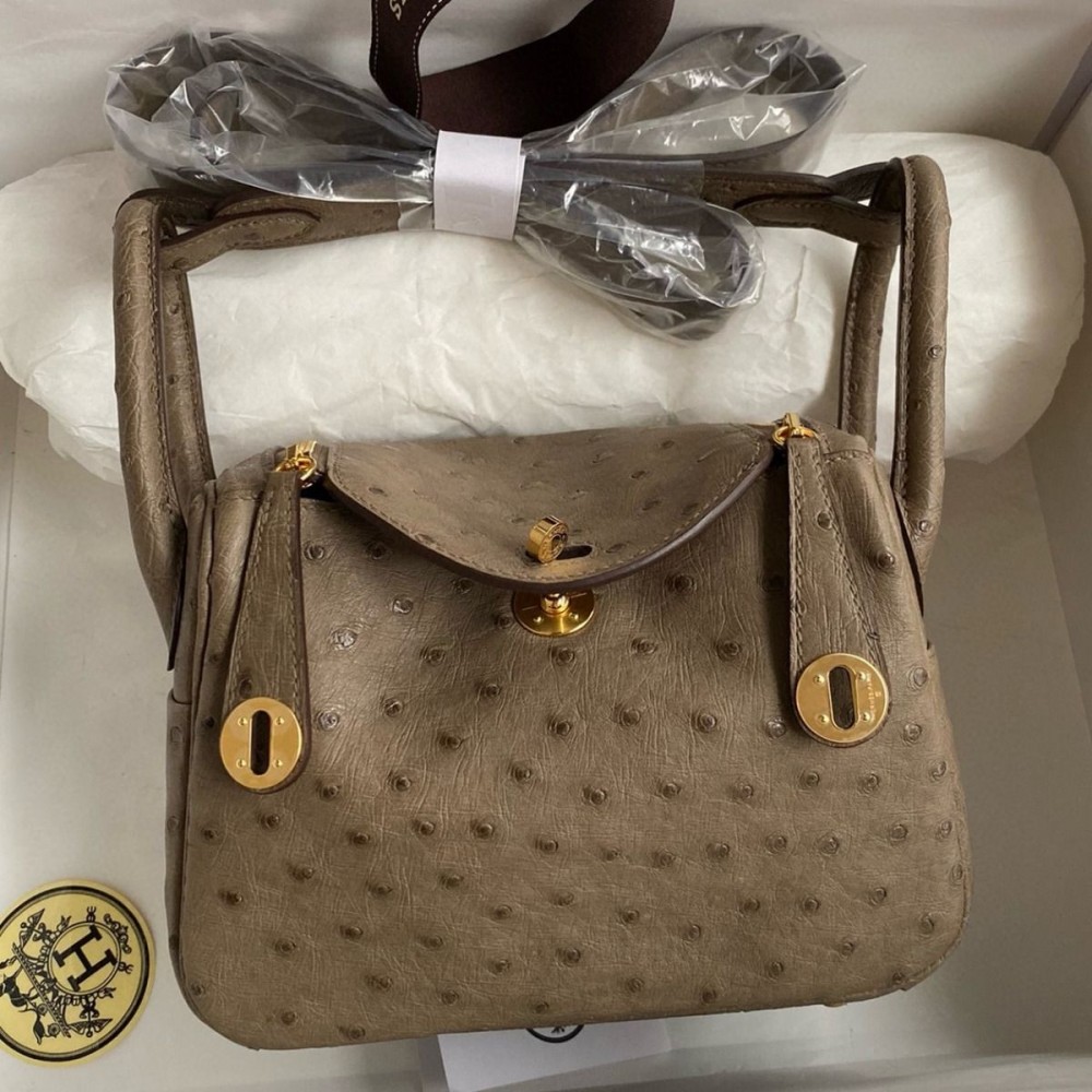 Hermes Mini Lindy Handmade Bag In Taupe Ostrich Leather