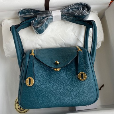 Hermes Mini Lindy Handmade Bag In Vert Bosphore Clemence Leather HSBS61917