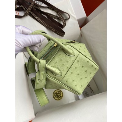 Hermes Mini Lindy Handmade Bag In Vert Criquet Ostrich Leather