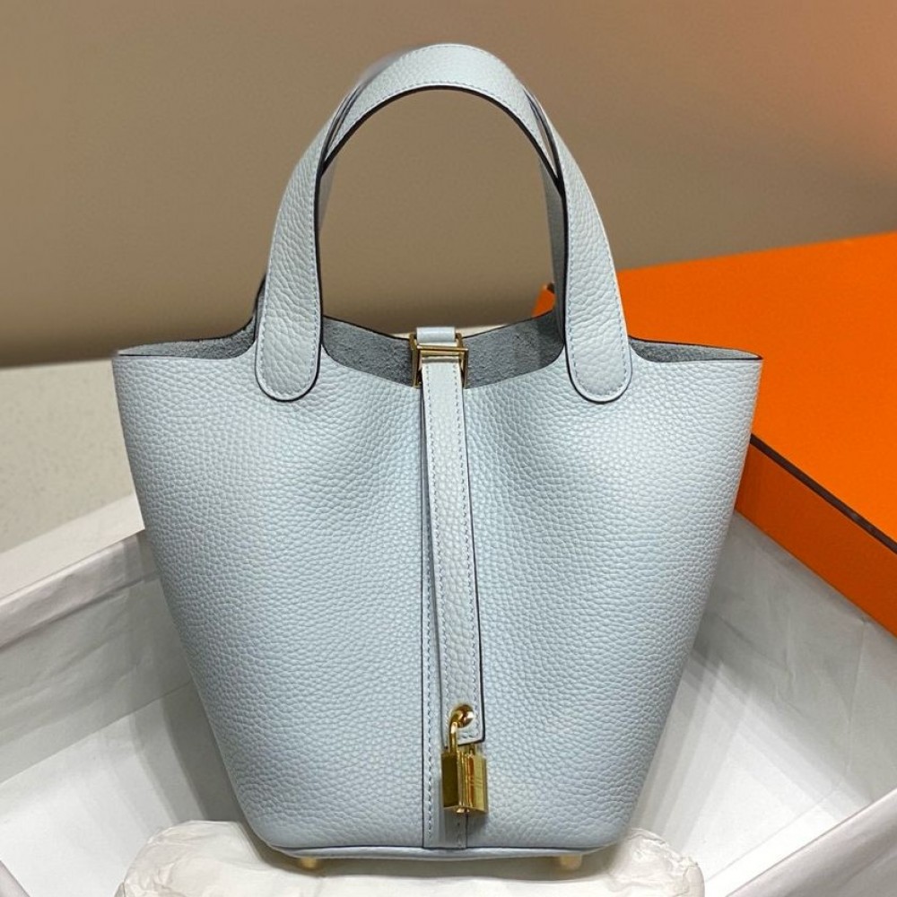 Hermes Picotin Lock 22 Bag In Blue Brume Clemence Leather