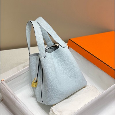 Hermes Picotin Lock 22 Bag In Blue Brume Clemence Leather