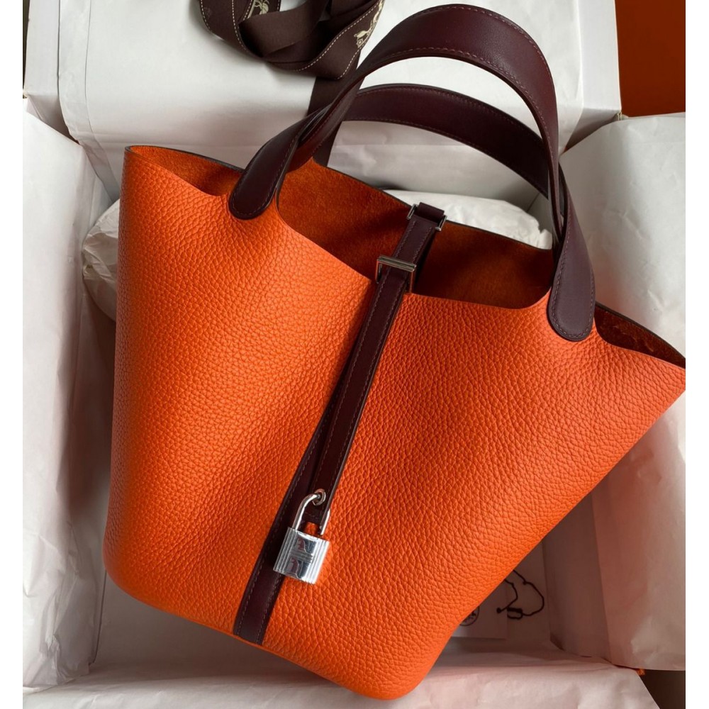 Hermes Picotin Lock 22 Bicolor Handmade Bag in Orange and Burgundy Swift Leather