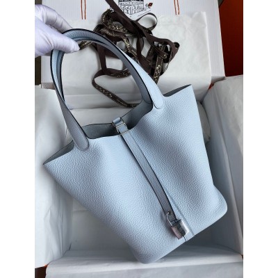 Hermes Picotin Lock 22 Handmade Bag in Blue Brume Clemence Leather