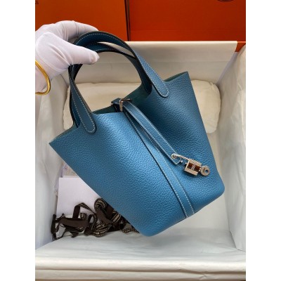 Hermes Picotin Lock 22 Handmade Bag in Blue Jean Clemence Leather