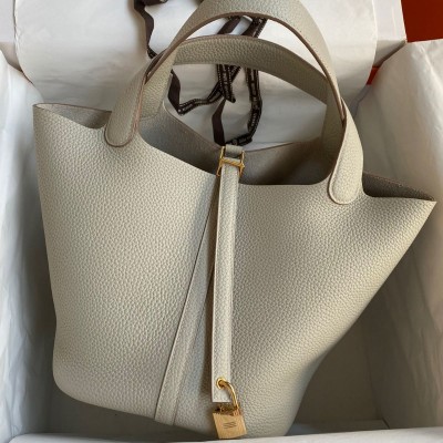 Hermes Picotin Lock 22 Handmade Bag in Pearl Grey Clemence Leather HSBS62009