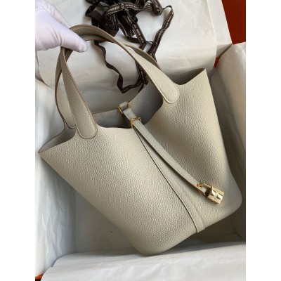 Hermes Picotin Lock 22 Handmade Bag in Pearl Grey Clemence Leather