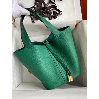 Hermes Picotin Lock 22 Handmade Bag in Vert Vertigo Clemence Leather