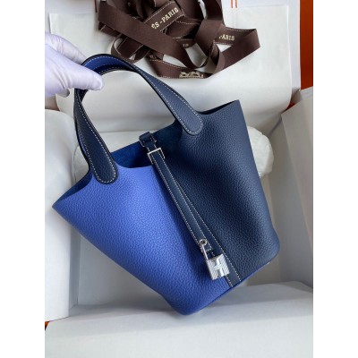 Hermes Picotin Lock 18 Bicolor Handmade Bag in Blue and Blue Saphir Clemence Leather