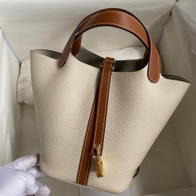 Hermes Picotin Lock 18 Bicolor Handmade Bag in Craie and Gold Clemence Leather HSBS61973