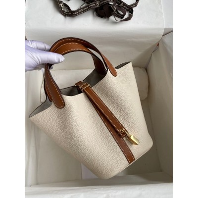 Hermes Picotin Lock 18 Bicolor Handmade Bag in Craie and Gold Clemence Leather