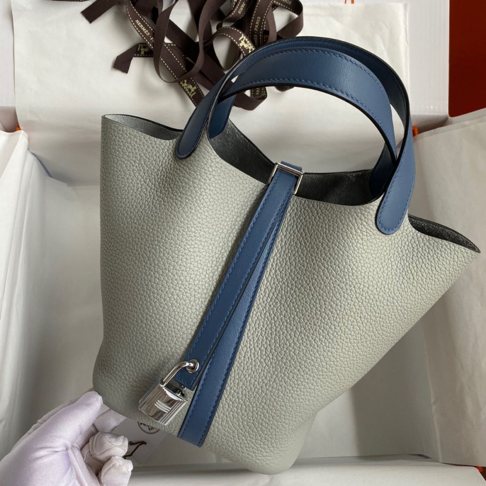 Hermes Picotin Lock 18 Bicolor Handmade Bag in Gris Mouette and Blue Agate Swift Leather