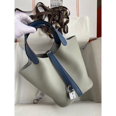 Hermes Picotin Lock 18 Bicolor Handmade Bag in Gris Mouette and Blue Agate Swift Leather