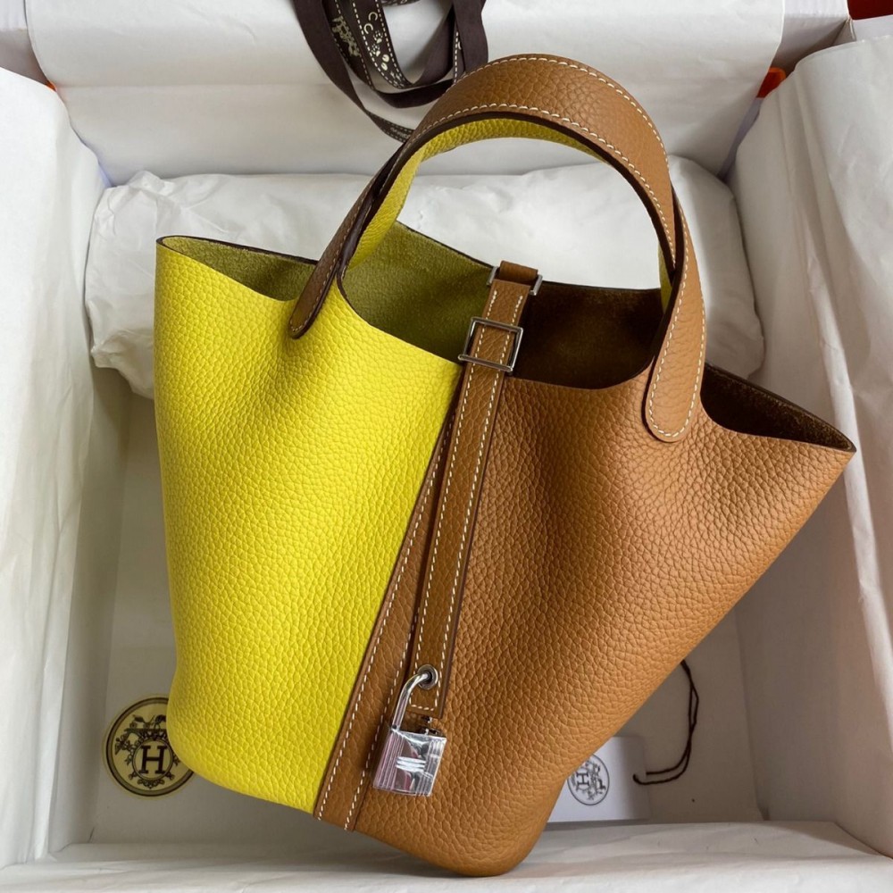 Hermes Picotin Lock 18 Bicolor Handmade Bag in Lime and Gold Clemence Leather