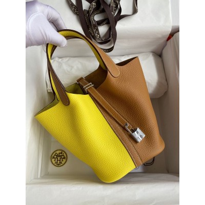 Hermes Picotin Lock 18 Bicolor Handmade Bag in Lime and Gold Clemence Leather