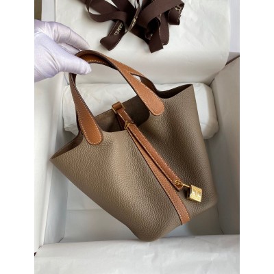 Hermes Picotin Lock 18 Bicolor Handmade Bag in Taupe and Gold Clemence Leather