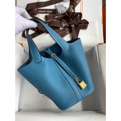 Hermes Picotin Lock 18 Handmade Bag in Blue Jean Clemence Leather