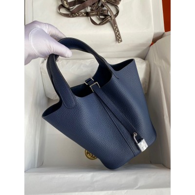 Hermes Picotin Lock 18 Handmade Bag in Blue Saphir Clemence Leather