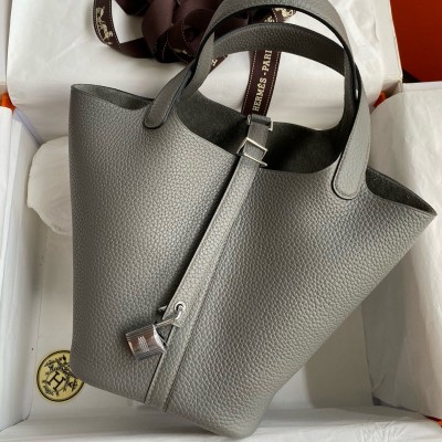 Hermes Picotin Lock 18 Handmade Bag in Gris Meyer Clemence Leather HSBS61993