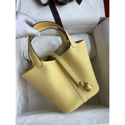 Hermes Picotin Lock 18 Handmade Bag in Jaune Poussin Clemence Leather