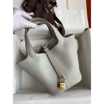 Hermes Picotin Lock 18 Handmade Bag in Pearl Grey Clemence Leather